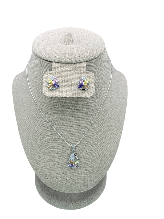 Multicolor Gemstone Teardrop Butterfly Necklace and Earring Set