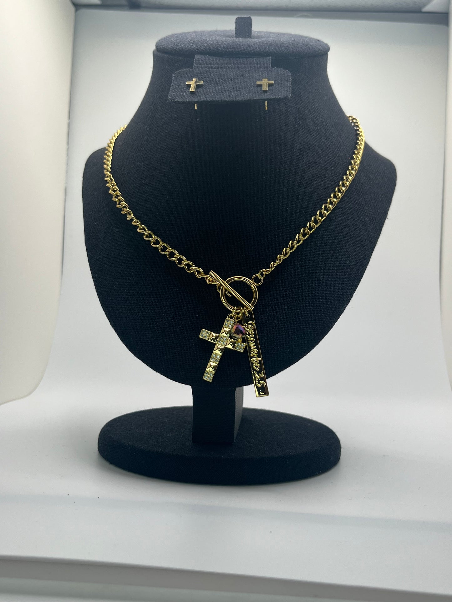 Stainless Steel Gold-Tone Cross With Bar Pendant Necklace with Matching Earrings Set