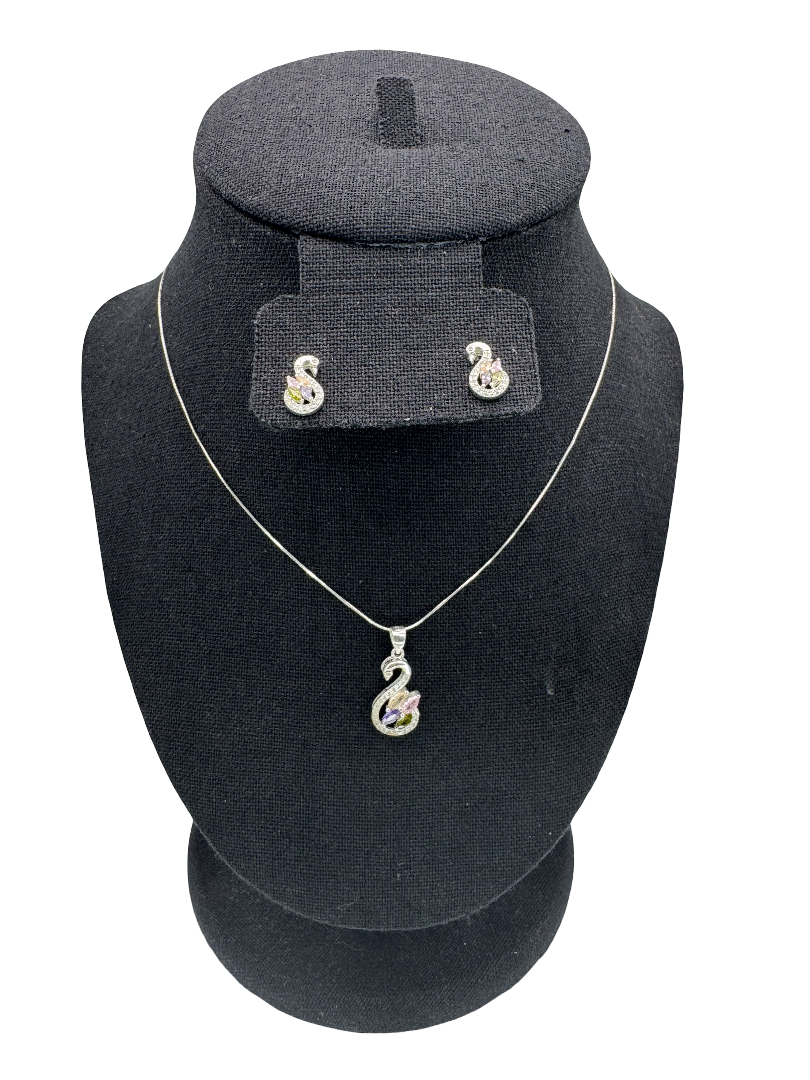 Silver Swan Pendant and Earrings Set