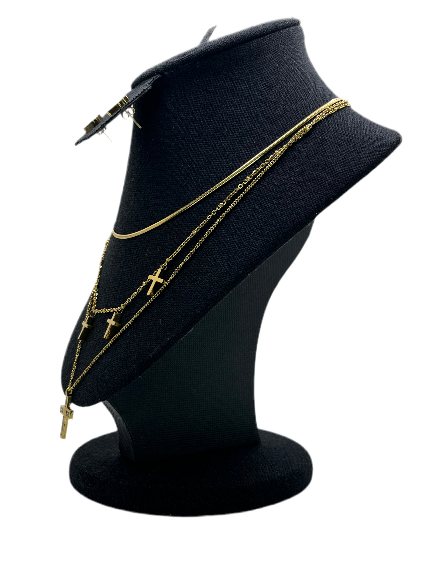 Stainless Steel Gold Tone Layered Cross Necklace and Earring Set