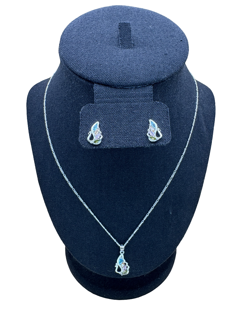Multi-Gemstone Peacock Sterling Silver Necklace and Earrings Set