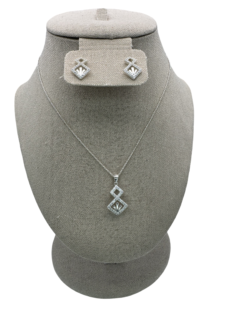 Silver Geometric Pendant Necklace and Earrings Set