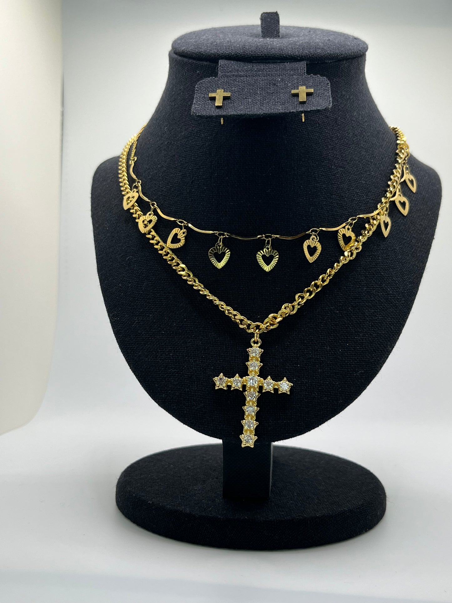 Stainless Steel Gold Tone Layered Heart and Cross Necklace Set