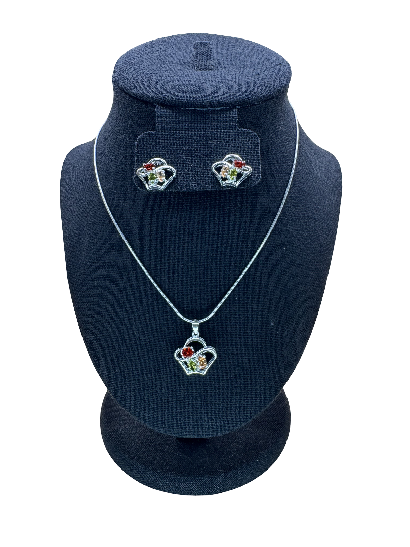 This Multicolor Gem Silver Crown Necklace & Earrings Set