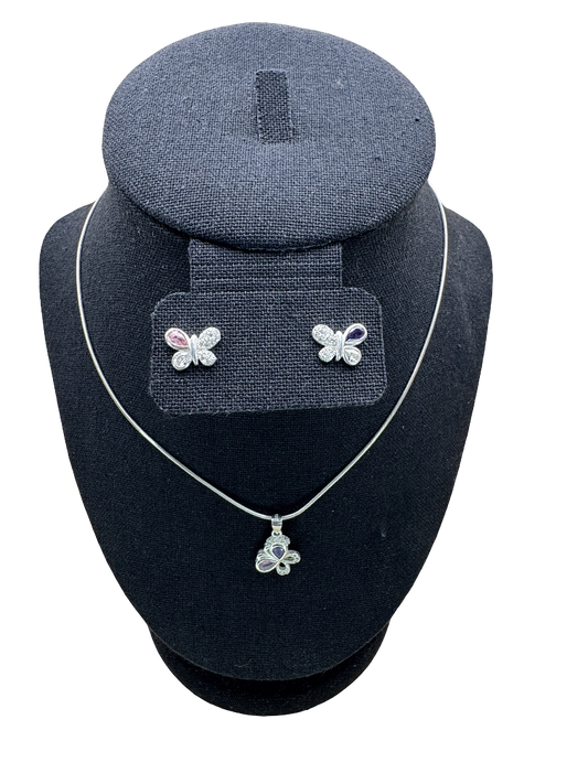 Silver Butterfly Pendant Necklace with Crystal Accents and Earrings set