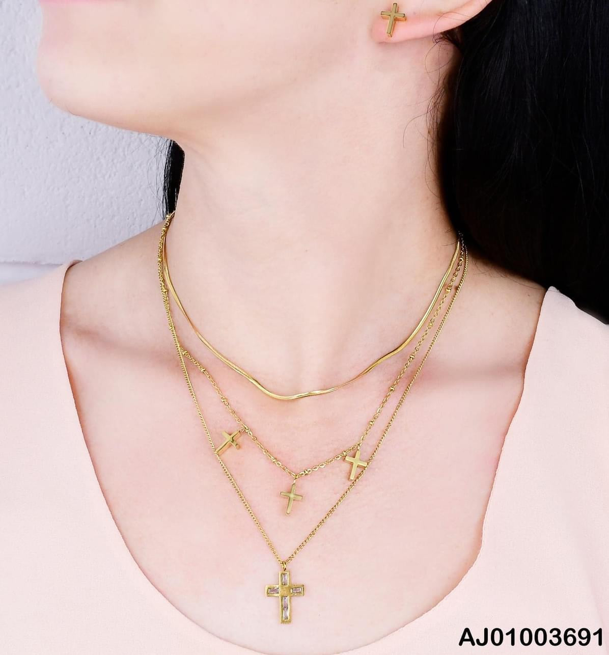 Stainless Steel Gold Tone Layered Cross Necklace and Earring Set