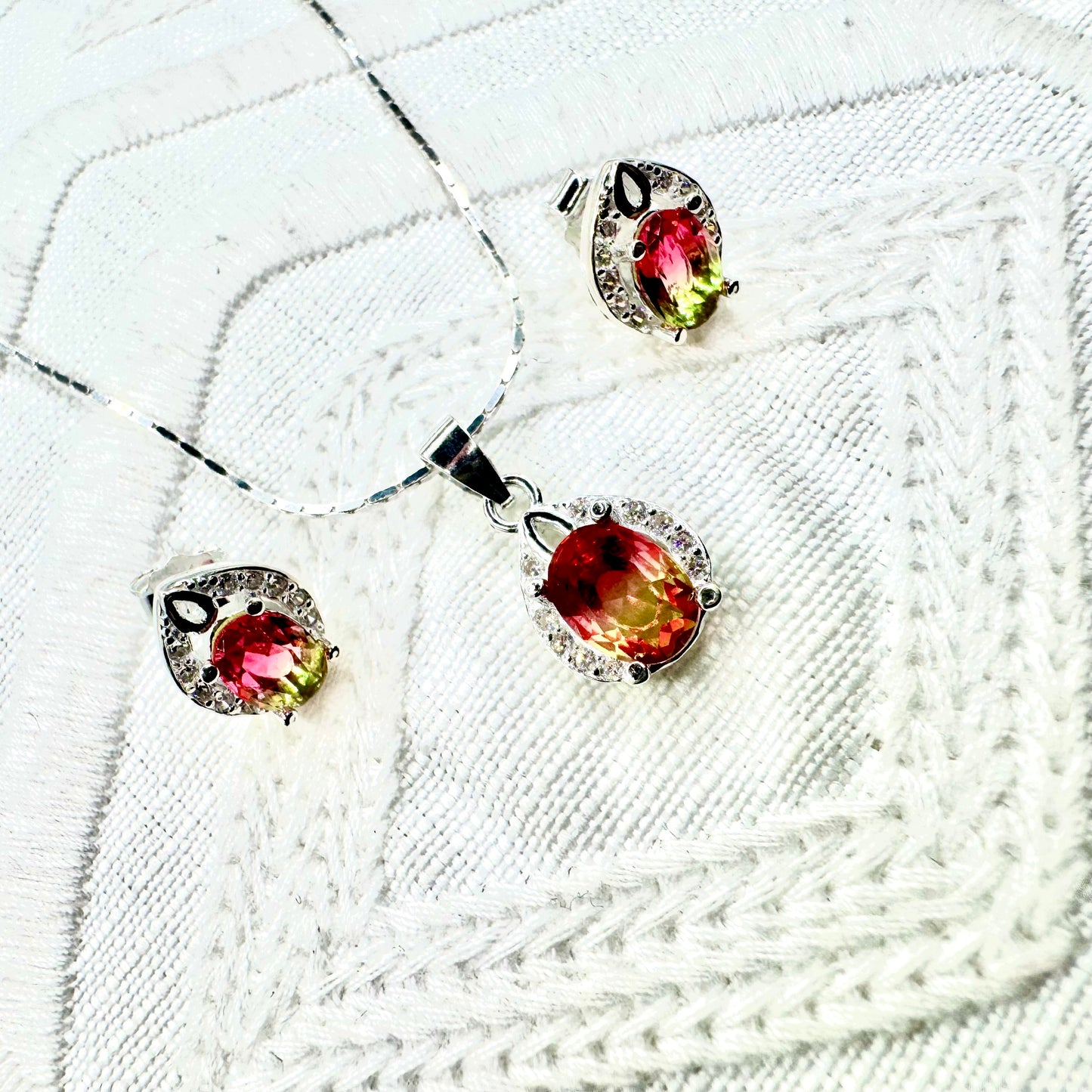 Sterling Silver Watermelon Gemstone Necklace Earrings Set