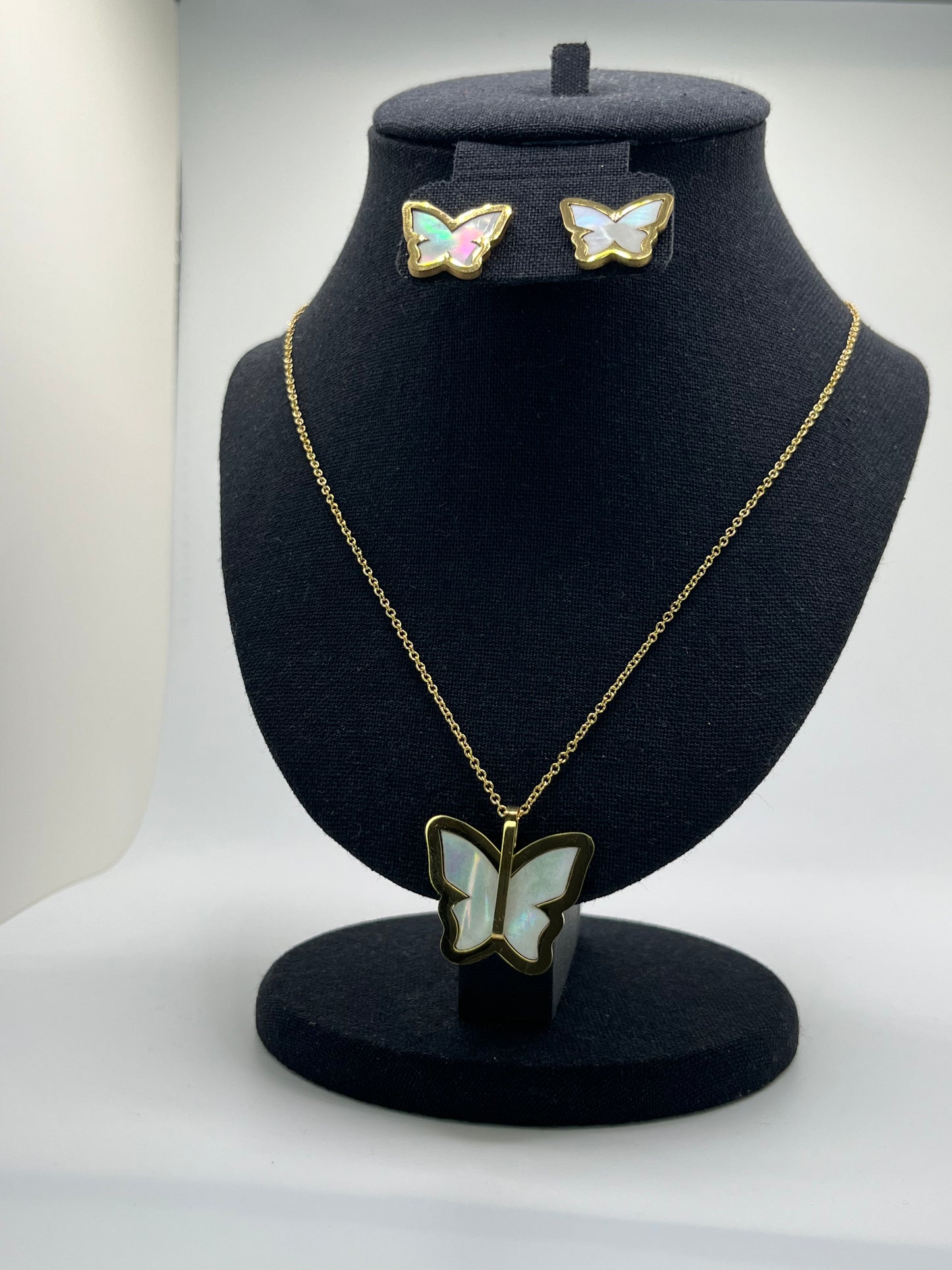 Stainless Steel Gold Tone Butterfly Necklace and Earring Set with Mother of Pearl Inlay