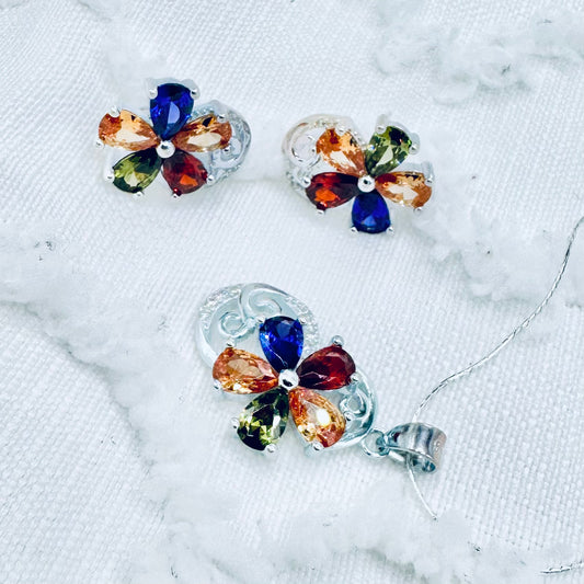 Multicolor Gemstone Flower Pendant and Earrings Set