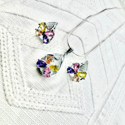 Multicolor Gemstone Teardrop Butterfly Necklace and Earring Set