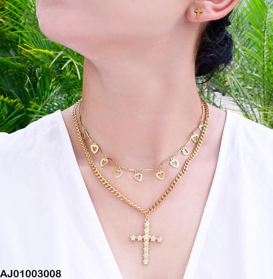Stainless Steel Gold Tone Layered Heart and Cross Necklace Set
