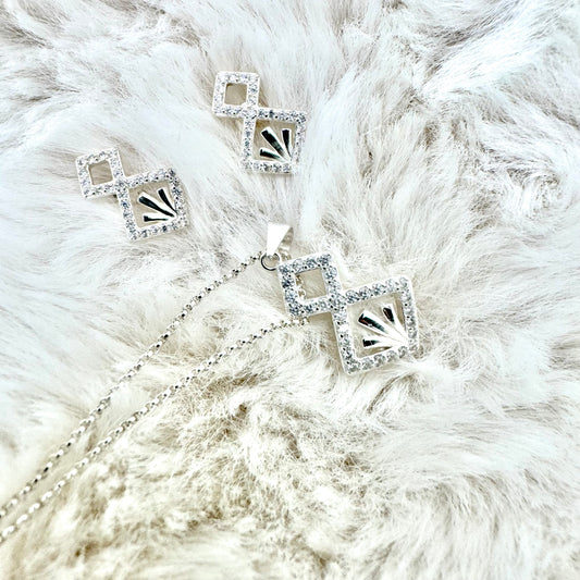 Silver Geometric Pendant Necklace and Earrings Set