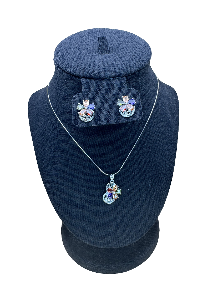 Multicolor Gemstone Flower Pendant and Earrings Set
