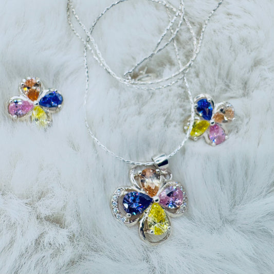 Multicolor Crystal Silver Flower Pendant Necklace Set
