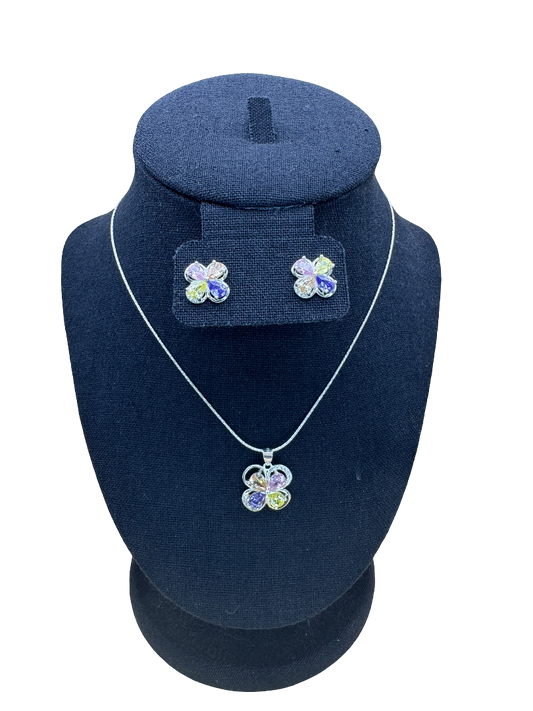 Multicolor Crystal Silver Flower Pendant Necklace Set