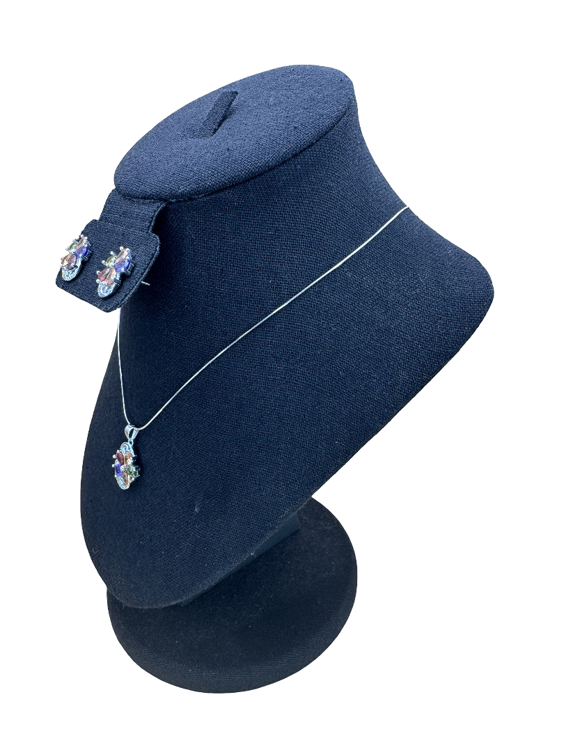 Multicolor Gemstone Flower Pendant and Earrings Set