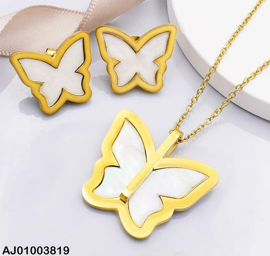 Stainless Steel Gold Tone Butterfly Necklace and Earring Set with Mother of Pearl Inlay