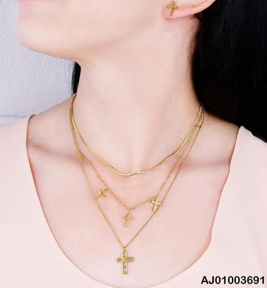Stainless Steel Gold Tone Layered Cross Necklace and Earring Set