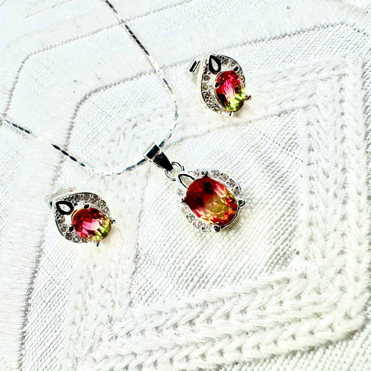 Sterling Silver Watermelon Gemstone Necklace Earrings Set
