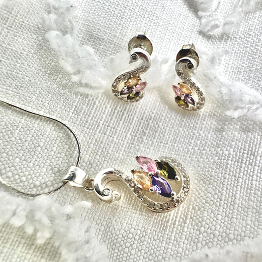 Multi-Gemstone Peacock Sterling Silver Necklace and Earrings Set