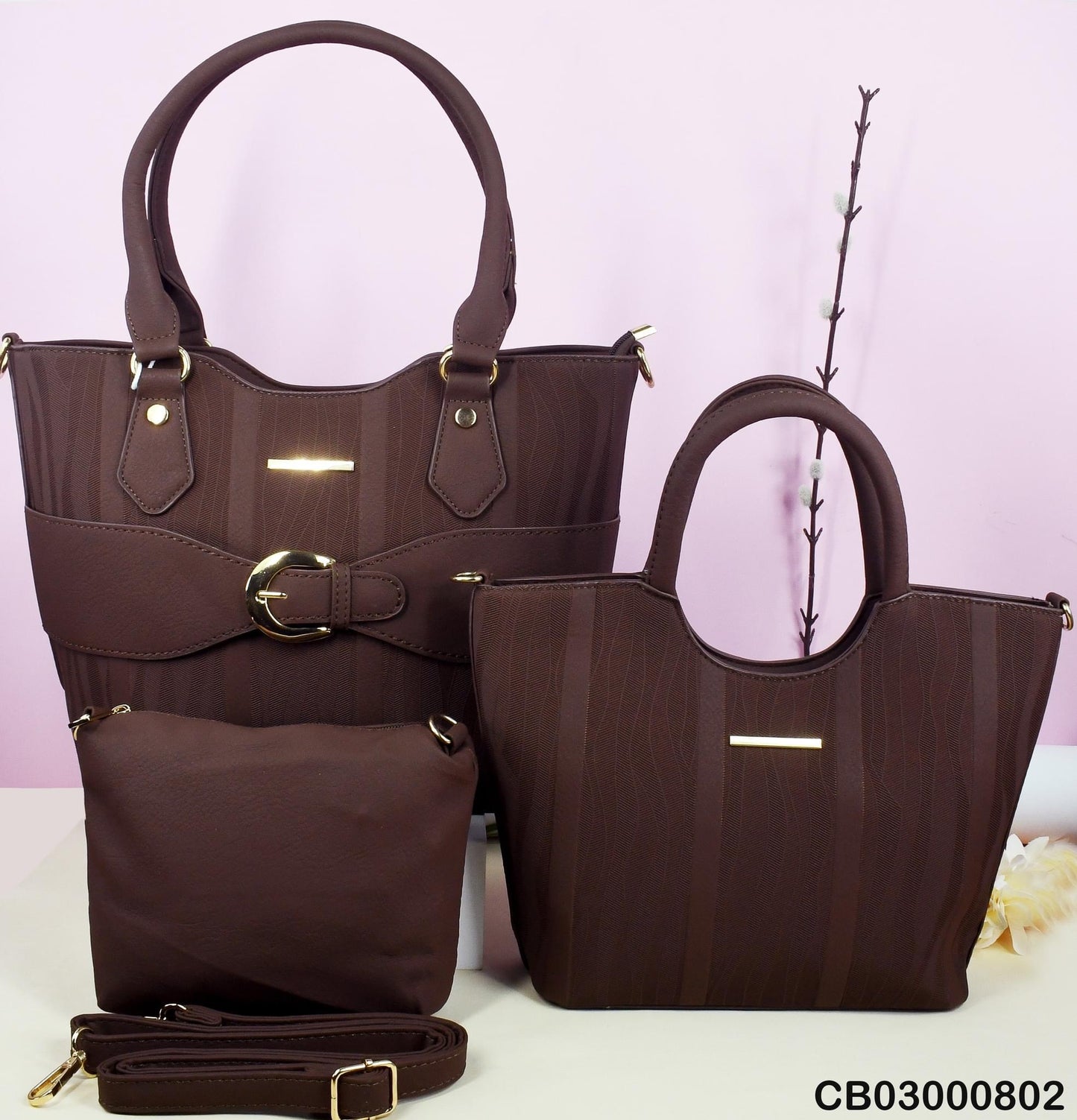 3-Piece Brown Handbag Set with Gold Accents and Shoulder Strap